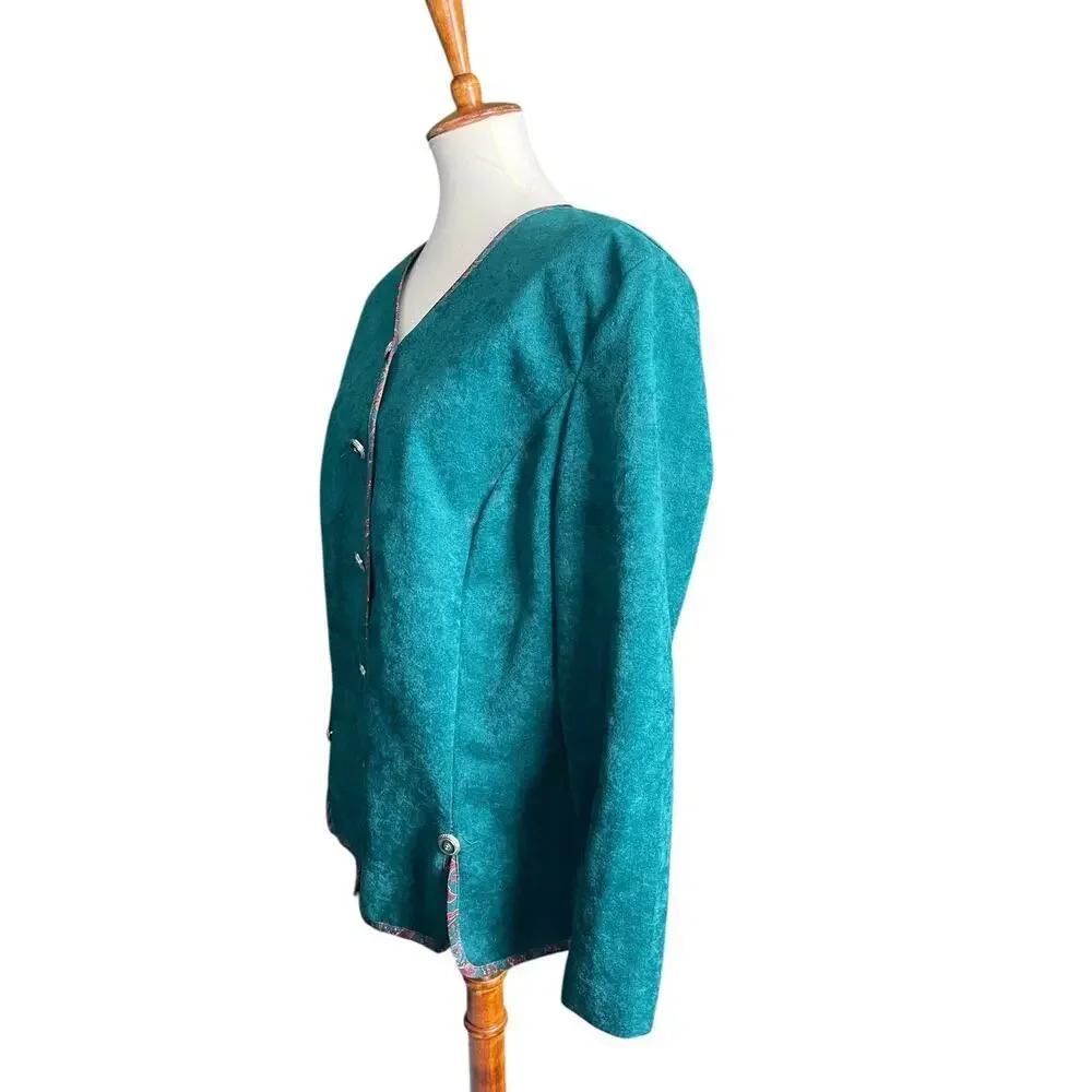 Pablo Collection Faux Suede Knit Blazer Women's 14 Button Up Green Paisley Trim - Picture 6 of 10